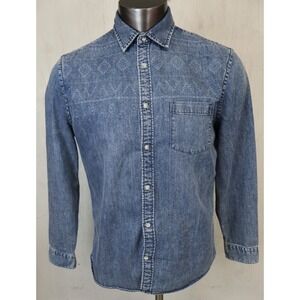 Mens EXPRESS Blue Shirt Size M Button Front Cotton Denim Loop Native Aztec 15.5